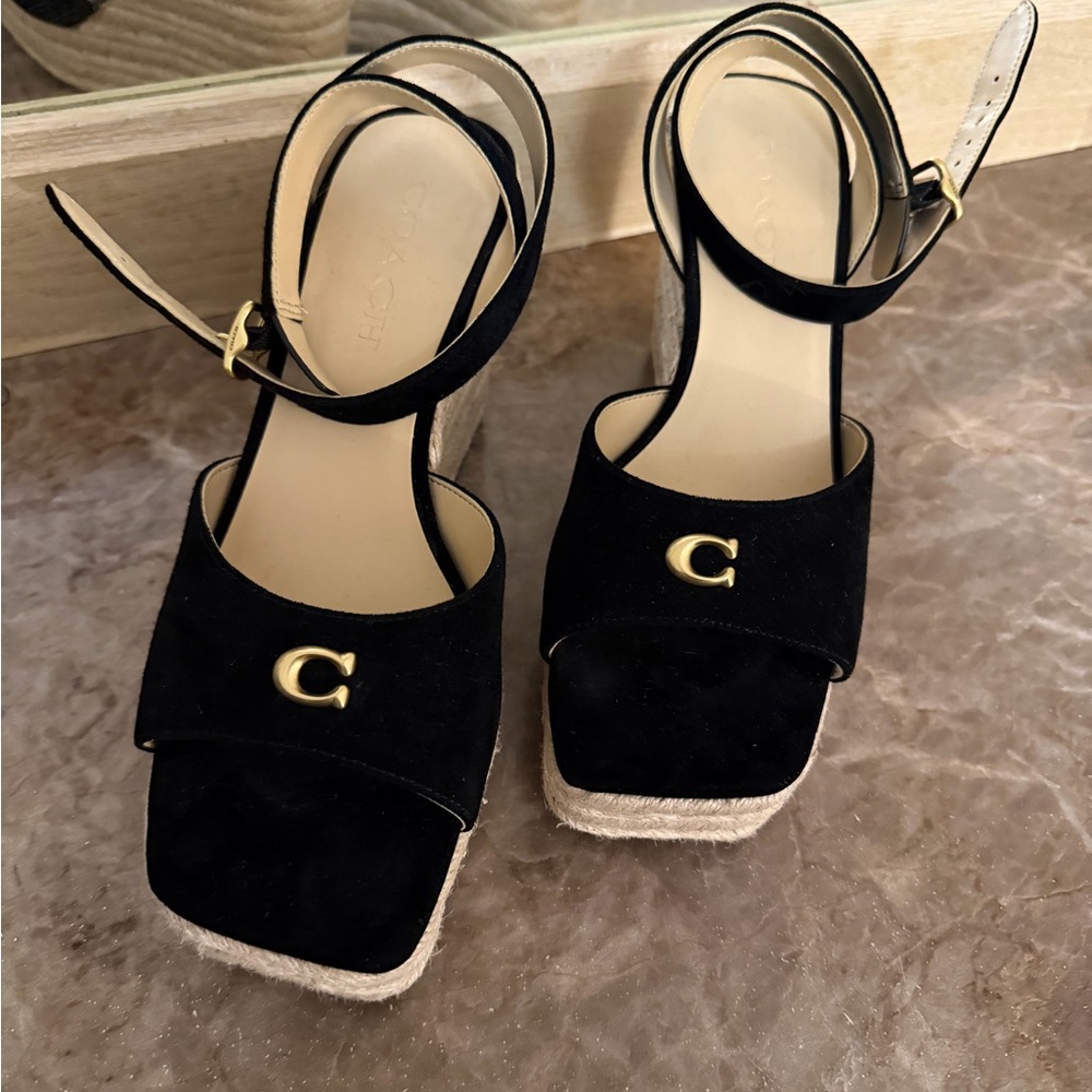 COACH Black Suede Espadrille Wedge Sandal Women's Size US 7 Gold Coach Logo - Picture 2 of 6